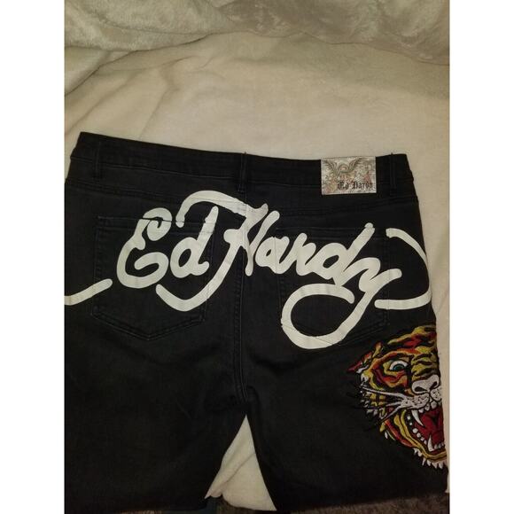 Ed Hardy Jeans Womens 32 Black Tiger Head‎ Embroidered Mid Slim Flare Y2K - Picture 14 of 16
